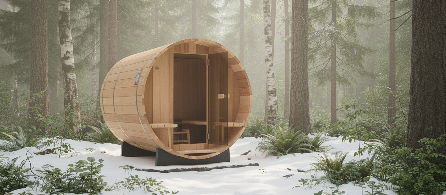 Wooden barrel-shaped sauna in a snowy forest setting